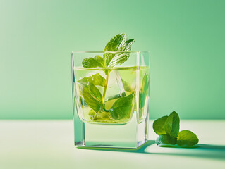 A glass filled with a mint and ice beverage with extra mint leaves on the side against a green background