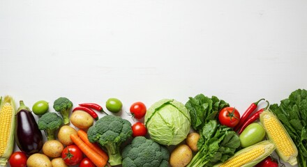 Vibrant fresh vegetables arranged on white wood; healthy eating, farm-to-table concept; overhead shot, bright and colorful.