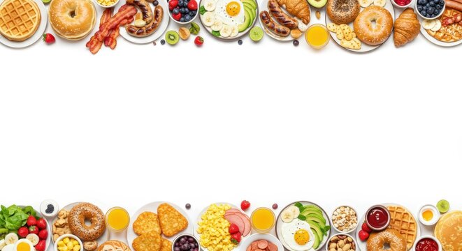 Delicious and abundant breakfast buffet spread: bagels, waffles, eggs, fruit, and more! - Powered by Adobe