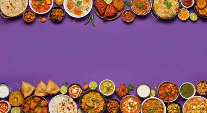 Vibrant overhead shot of assorted Indian dishes, featuring curries, naan, and rice, arranged on a purple background; appetizing food photography.