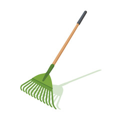 Green leaf rake with wooden handle on white background