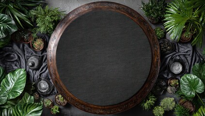 Fototapeta premium Dark round surface surrounded by tropical plants.