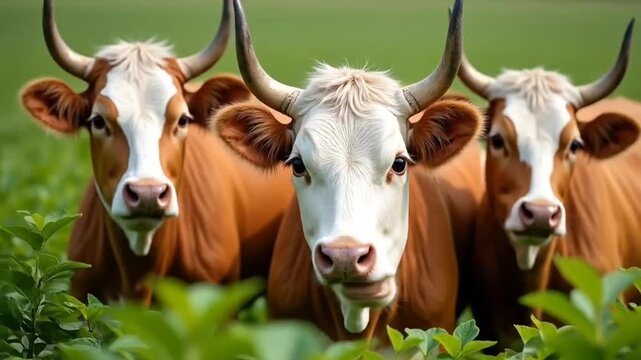 Two Gir cow Bos indicus standing traditional Indian farm their large curved horn gentle eye showcasing their distinctive breed characteristic farmer background tends field emphasizing their .