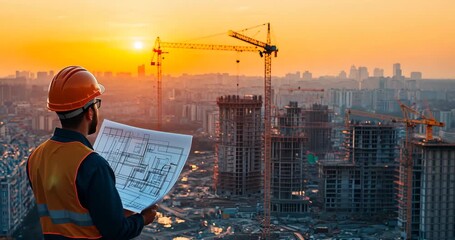 A construction worker reviews blueprints overlooking a cityscape at sunset. - Powered by Adobe