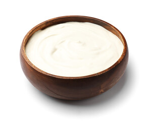 Delicious sour cream in wooden bowl isolated on white