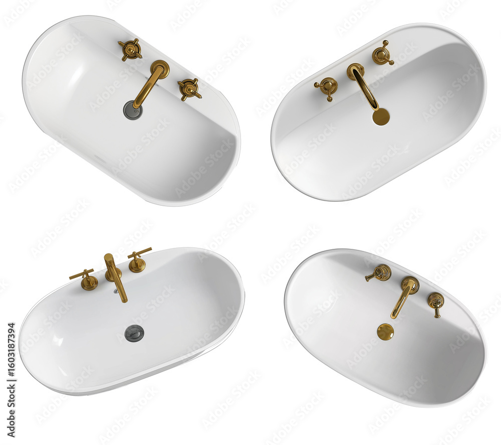 Fototapete A top-down view of an oval-shaped white sink with brass hardware, centered on the canvas, set against a pure-white background for easy digital color application.  