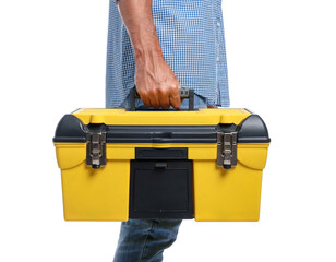 Professional repairman with tool box on white background, closeup