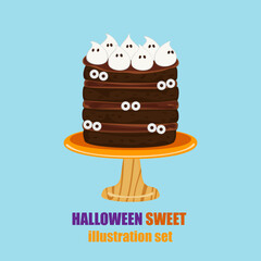 A fun and festive collection of Halloween cakes decorated with ghost faces, spooky eyes, dripping chocolate and pumpkin faces. Perfect for party themes, dessert menus or seasonal vector illustrations.