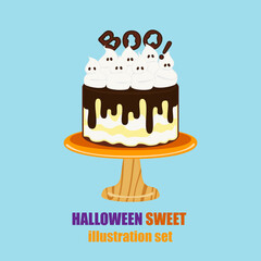 A fun and festive collection of Halloween cakes decorated with ghost faces, spooky eyes, dripping chocolate and pumpkin faces. Perfect for party themes, dessert menus or seasonal vector illustrations.