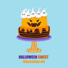 A fun and festive collection of Halloween cakes decorated with ghost faces, spooky eyes, dripping chocolate and pumpkin faces. Perfect for party themes, dessert menus or seasonal vector illustrations.