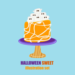 A fun and festive collection of Halloween cakes decorated with ghost faces, spooky eyes, dripping chocolate and pumpkin faces. Perfect for party themes, dessert menus or seasonal vector illustrations.