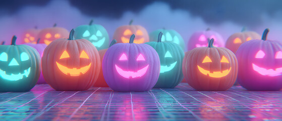 Vibrant and Festive Retro 80s Halloween Dance Party Scene with Neon Glow Glowing Pumpkins