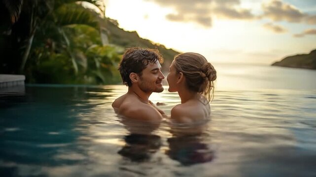 Romantic Couple Relaxing in a Pool at Sunset