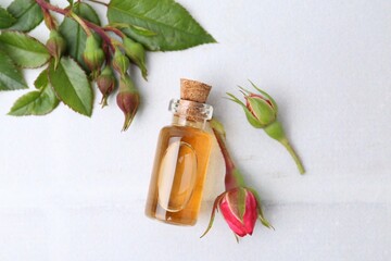 Bottle of essential oil and roses on white table, flat lay