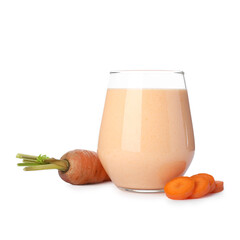 Superfood. Tasty smoothie in glass and carrot isolated on white