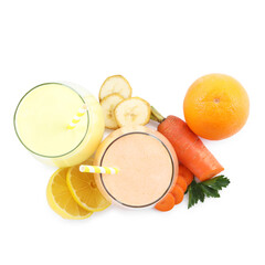 Superfood. Tasty smoothies in glasses and ingredients isolated on white, top view