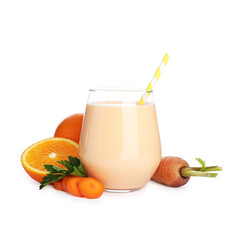 Superfood. Tasty smoothie in glass and ingredients isolated on white
