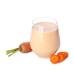 Superfood. Tasty smoothie in glass and carrot isolated on white