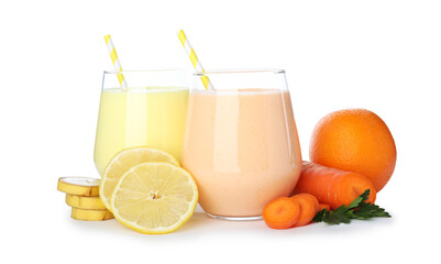 Superfood. Tasty smoothies in glasses and ingredients isolated on white