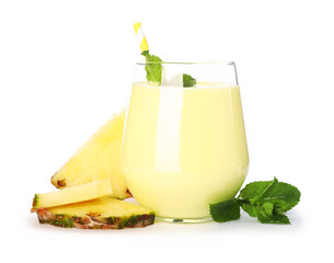 Superfood. Tasty smoothie in glass and ingredients isolated on white