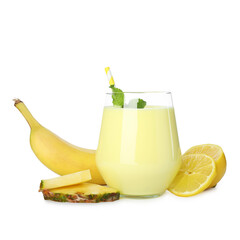 Superfood. Tasty smoothie in glass and ingredients isolated on white