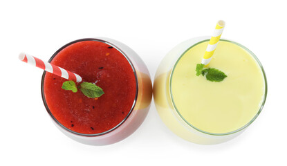 Superfood. Tasty smoothies in glasses isolated on white, top view