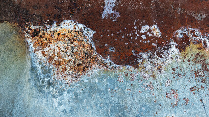 Textured surface of weathered metal showcasing rust, corrosion, and peeling paint, creating an abstract pattern with a blend of earthy tones and vibrant colors, evoking a sense of age and decay
