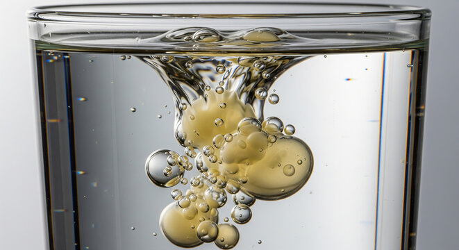 close-up studio shot of fat globules visibly suspended and separated within a clear glass filled with pure water