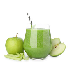 Superfood. Tasty smoothie in glass and ingredients isolated on white