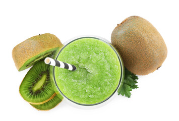 Superfood. Tasty smoothie in glass and ingredients isolated on white, top view