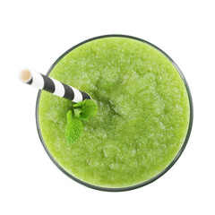 Superfood. Tasty smoothie in glass isolated on white, top view