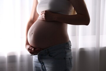 Beautiful pregnant woman near window at home, closeup