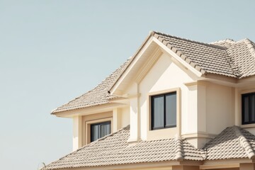 Obraz premium House Exterior. Roof Window. Second floor among blue sky. Mansard attic. Newly build houses. Gable roof with skylight, asphalt roofing, shingles. Residential Home. Vinyl Siding. Polymeric roof-tiles