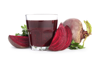 Superfood. Tasty smoothie in glass and ingredients isolated on white