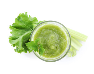 Superfood. Tasty smoothie in glass and ingredients isolated on white, top view