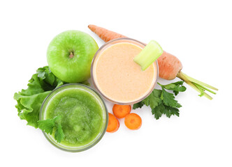 Superfood. Tasty smoothies in glasses and ingredients isolated on white, top view