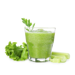 Superfood. Tasty smoothie in glass and ingredients isolated on white