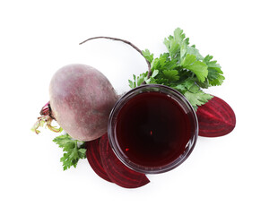 Superfood. Tasty smoothie in glass and ingredients isolated on white, top view