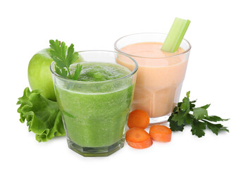 Superfood. Tasty smoothies in glasses and ingredients isolated on white