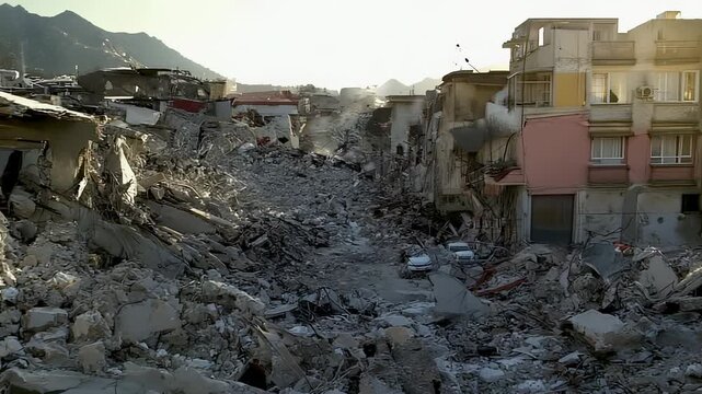 Devastating earthquake aftermath Collapsed buildings and rubble-filled streets in a city landscape