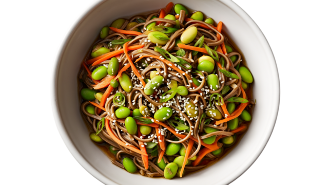 Soba Noodle Salad with Edamame and Carrot in Bowl