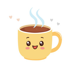Steaming mug with wink in kawaii-style vector illustration