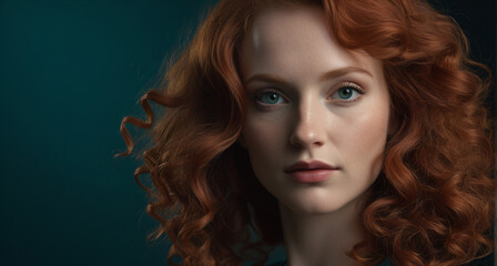 Naklejka premium Beautiful portrait of a fair-skinned woman with red curly hair against a dark teal background