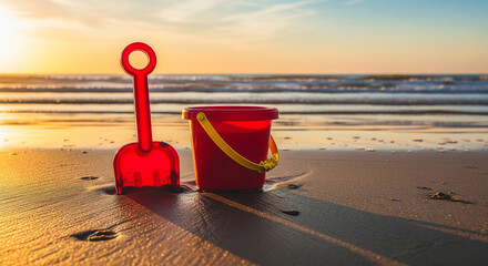 An enchanting image of a toy spade and bucket on the sand, bathed in the warm, golden light of a summer sunset