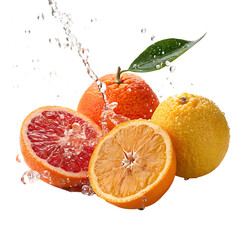 A refreshing splash of water cascades over a vibrant assortment of citrus fruits, including oranges and grapefruits, isolated on transparent background