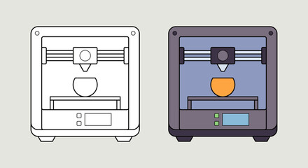 A pictogram of a 3D printer. A graphic representation of a modern desktop device that uses additive manufacturing technology to create three-dimensional objects.