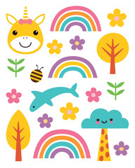 Cheerful Cartoon Animals and Nature Elements Collection with Unicorn Dolphin Bee Rainbows and Flowers for Childrens Illustration and Design Projects