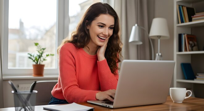 Excited young woman celebrating good news on her laptop at home. Happy student or professional receiving a job offer or positive email notification, joyful expression, remote success concept, indoor