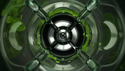 Top angle inside view of a blender filled with colorful fruits and berries, ready to blend into a vibrant smoothie; surrounded by fresh fruits scattered on a rustic wooden kitchen table