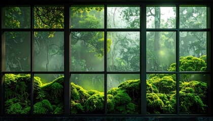 Mossy window view into a misty forest, nature's embrace through panes of glass